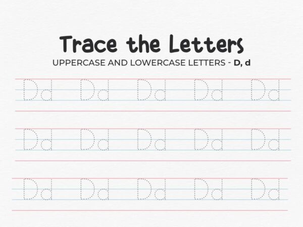 Letter D Printable Tracing Worksheet PDF - Uppercase and Lowercase Alphabet Practice