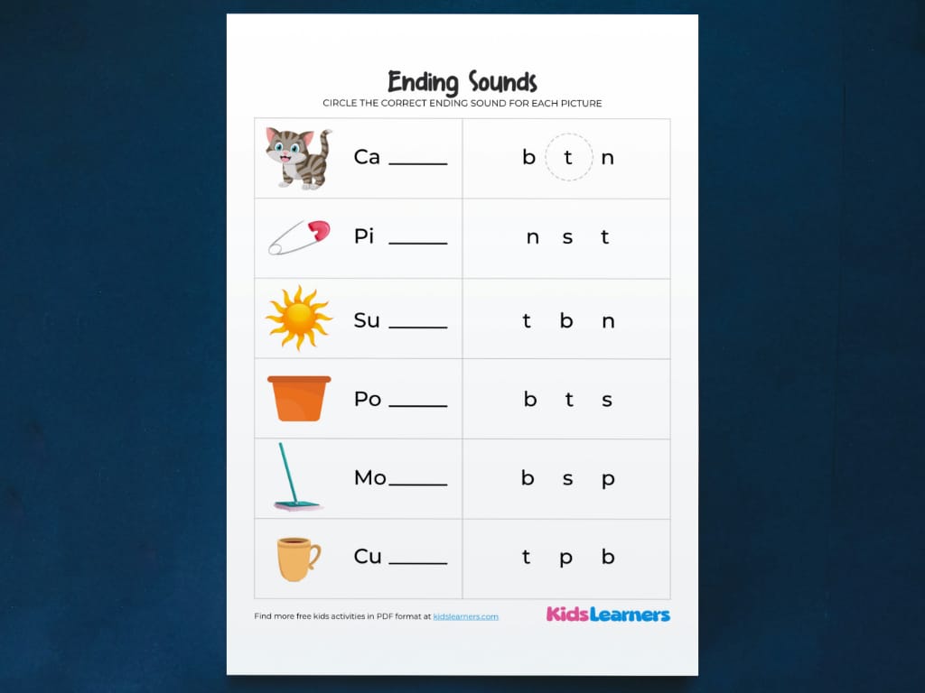 Free Printable Ending Sounds Worksheets for Kindergarten and Preschool