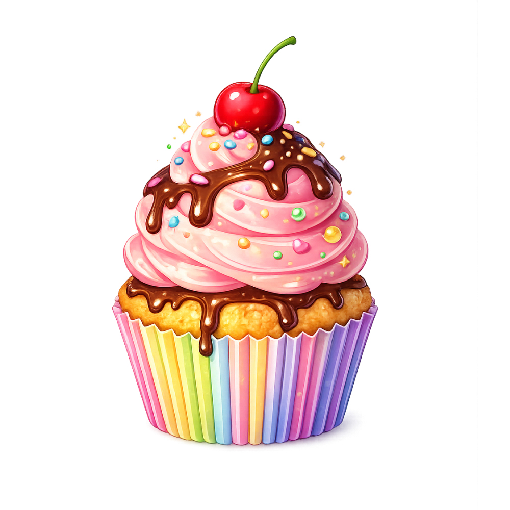 Colorful cupcake clipart with frosting, sprinkles, and cherry for birthday and classroom activities