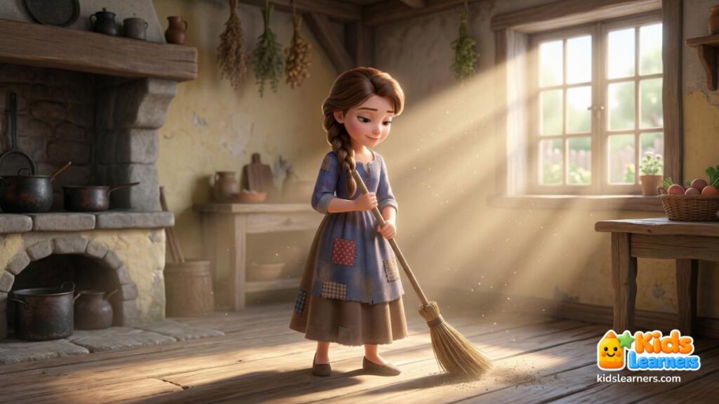 Cinderella 2 Cinderella story for kids showing Cinderella doing chores in the kitchen