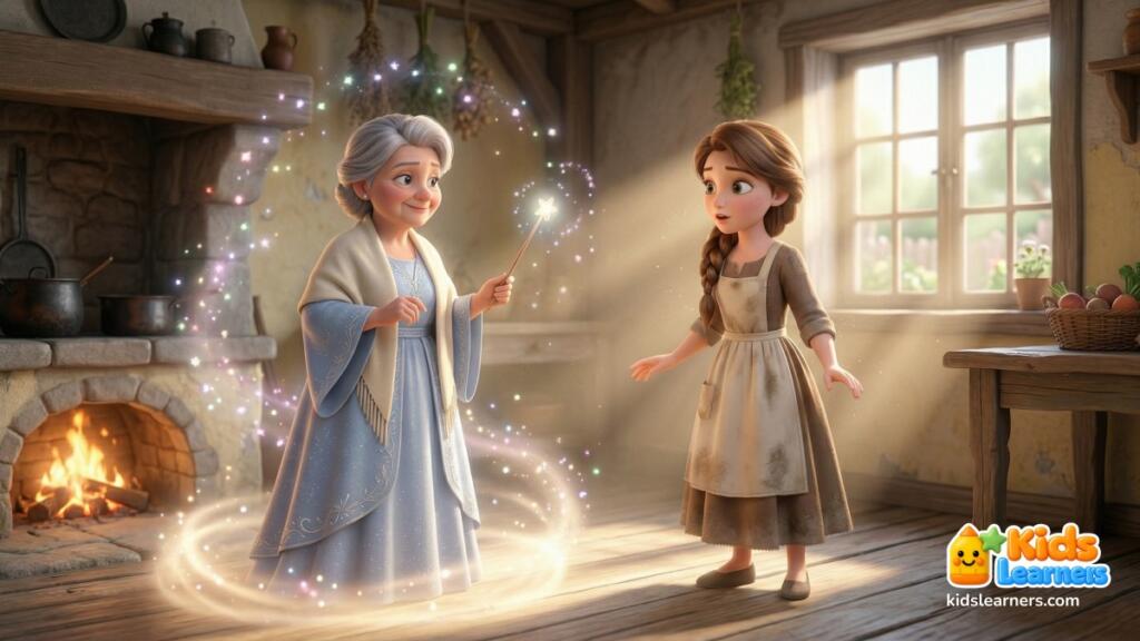 Cinderella 3 Cinderella story for kids showing fairy godmother appearing to Cinderella in the kitchen
