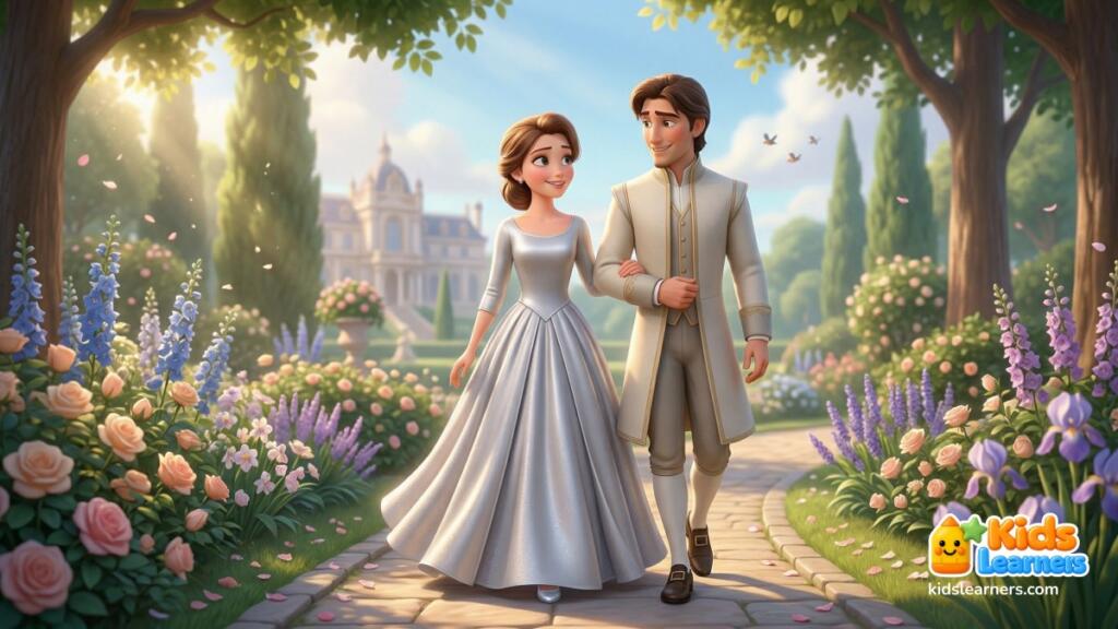 Cinderella 7 Cinderella story for kids showing Cinderella and the prince walking in a garden
