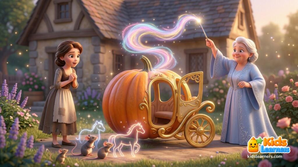 Cinderella 4 Cinderella story for kids showing pumpkin turning into a magical carriage