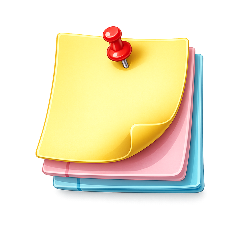 3D colorful sticky note clipart with a red pushpin for classroom reminders.