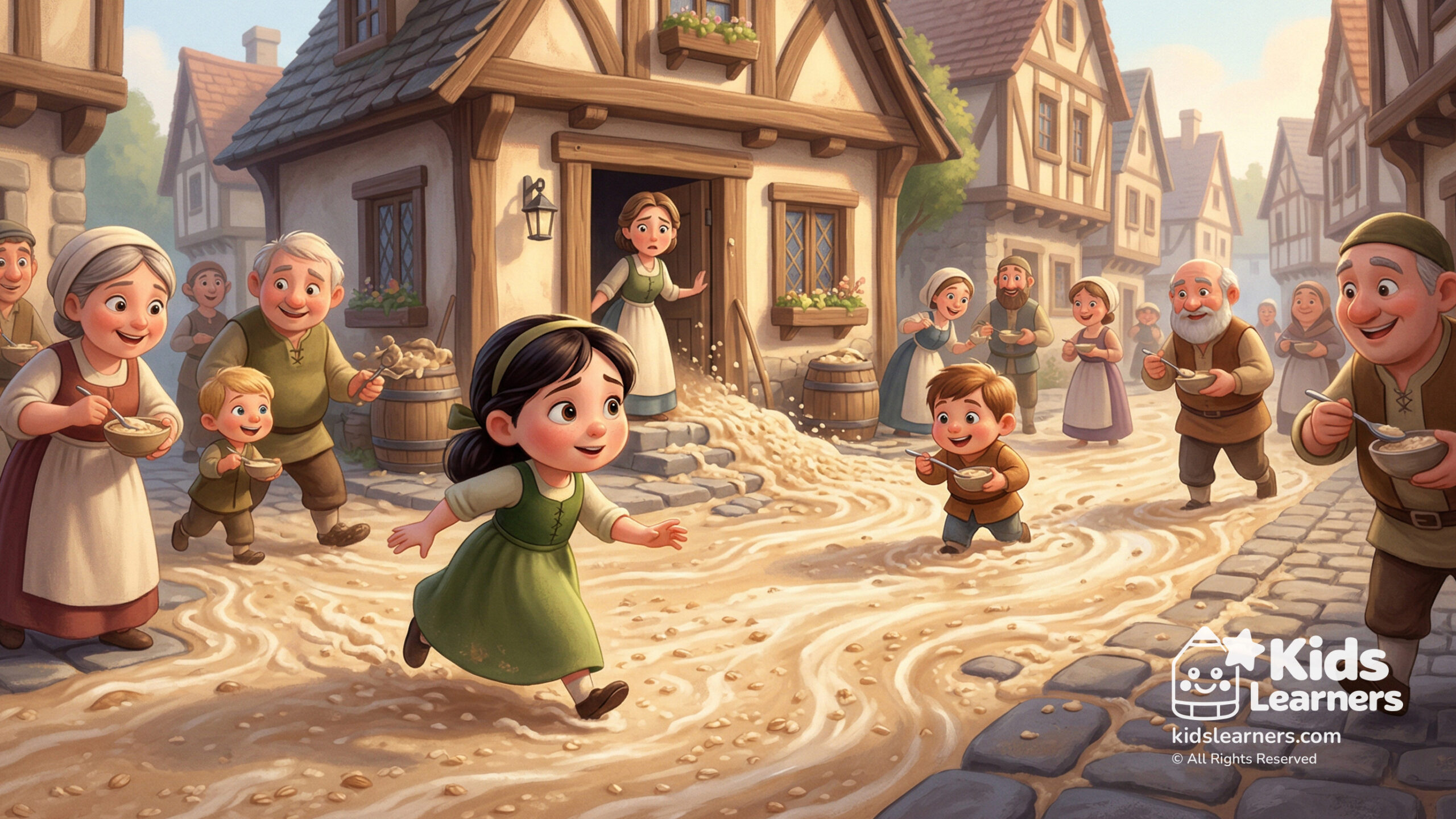 Magic Porridge Pot story for kids showing a girl and magical pot cooking porridge