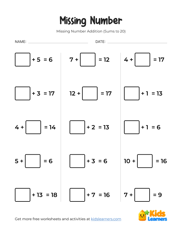 Missing Number Addition to 20 Worksheet