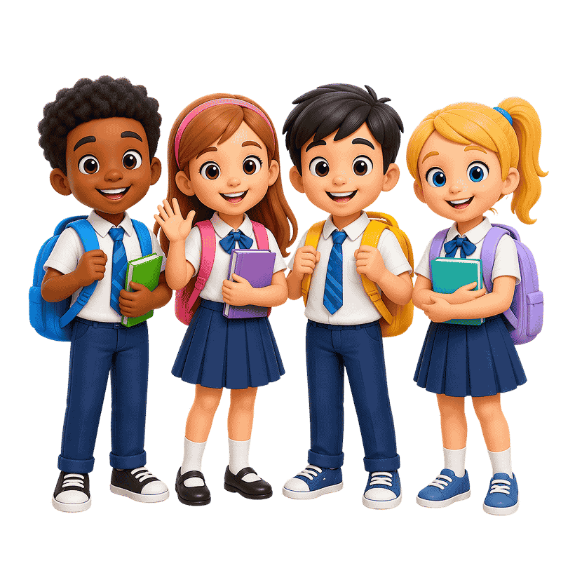 Happy school kids clipart with backpacks, books, and school uniforms