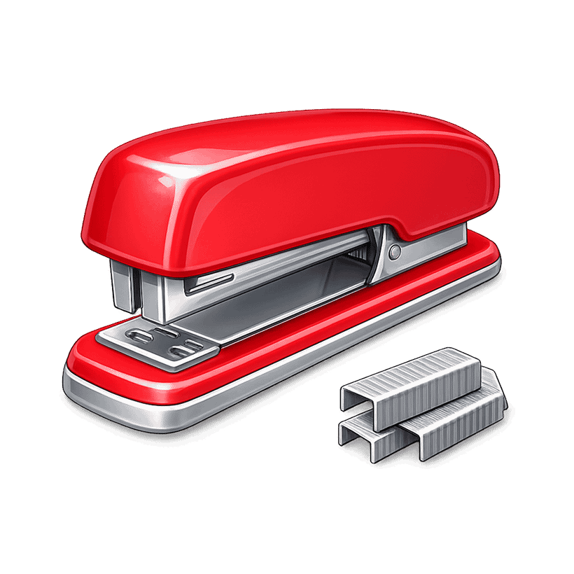 Red stapler clipart with metal staples used for organizing papers